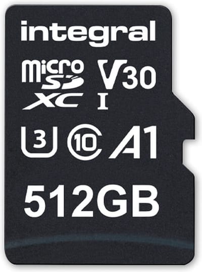 Integral High Speed microSDXC Card 512GB V30 class 10 up to 100MB/s read 45MB/s write