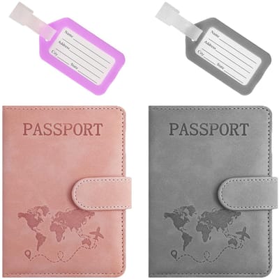 Dailygoods- Paspoorthouder Set - 2 Stuks - Document Tas - Bagagelabels - Draagbare Documenten Organizer - Roze/Grijs - Geschikt Voor Reizen - Documenthouder