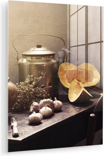 MuchoWow® Glasschilderij 90x120 cm - Schilderij acrylglas - Stilleven - Pompoen - Knoflook - Pan - Tafel - Foto op glas - Muurdecoratie woonkamer - Wanddecoratie slaapkamer - Schilderijen