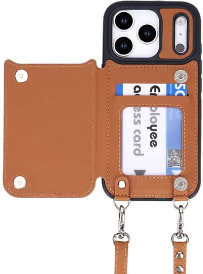 CaseBoutique Backcase hoesje geschikt voor iPhone 17 Pro Max - Effen Cognac - Kunstleer - Crossbody Hoesje Koord - Pasjeshouder voor 3 passen - Ritsvakje