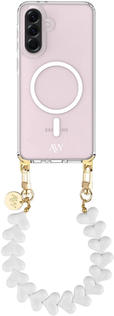 AVY Hoesje geschikt voor Samsung Galaxy A56 / A36 | Compatibel met MagSafe | Clear Case met Telefoonkoord 30CM | Polsband Cupid White