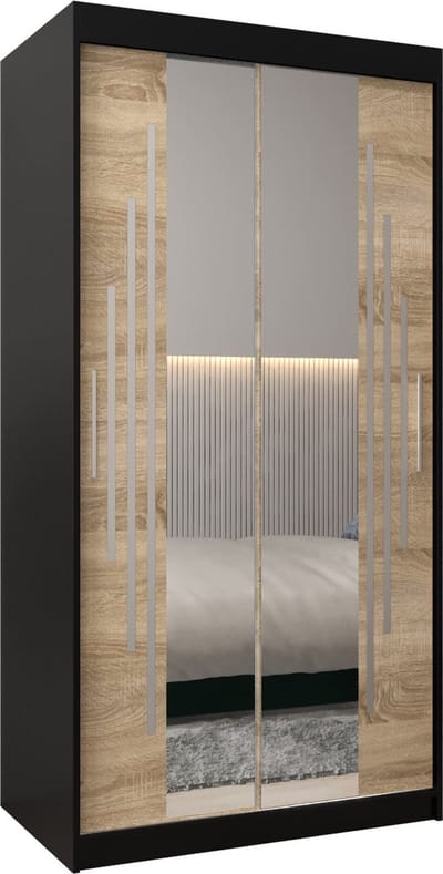 InspireMe - Kledingkast met 2 schuifdeuren, Modern-stijl, Een kledingkast met planken en een spiegel (BxHxD): 100x200x62 - MALTESE I 100 Zwart Mat + Sonoma Eik