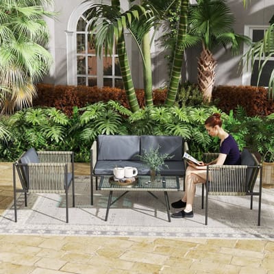 MODFU - Balkonmeubelset - 4-Delig - Met Sofa, 2 Fauteuils En Tafel - Stalen Frame - Rattan - Grijs