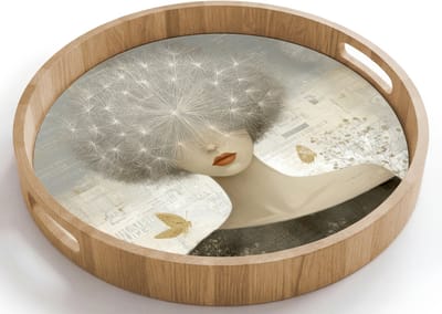 Dienblad rond 40x40 cm - Schootdienblad hout - Pluis - Vrouw - Beige - Borrelplank rechthoek - Plateau houten dienbladen