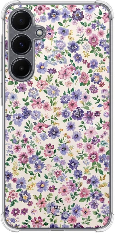 Hoesje (shockproof) geschikt voor Samsung Galaxy A15 - Paarse bloemen - Extra sterke case - TPU/polycarbonaat - Bloemen - Paars, Transparant