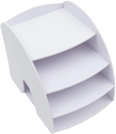 Documentenbak / bureau-organizer – Voor het opbergen van A4-papier, documenten en tijdschriften (thuis of op kantoor/school) – Gebogen ontwerp met 4 compartimenten – Kunststof/metaal – Kleur: wit – 4 compartimenten