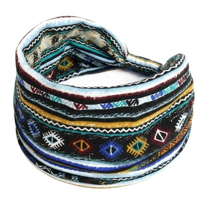 Zwart blauw haarband dames – elastische brede haarband – stoffen haar accessoire met etnisch patroon – kleurrijk en comfortabel design