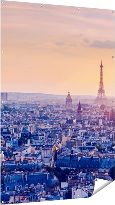 Gards Tuinposter Skyline van Parijs tijdens Zonsondergang - 120x180 cm - Tuindoek - Tuindecoratie - Wanddecoratie buiten - Tuinschilderij