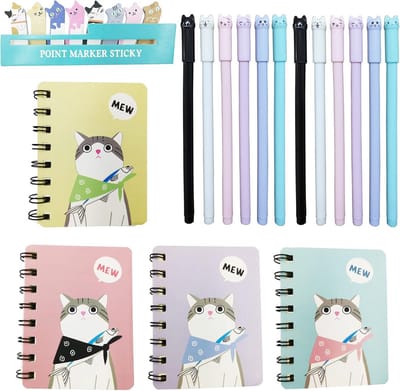 12 Schattige Katten Gelpennen Set met Notitieboekjes voor Thuis, School en Kantoor