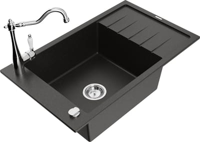 Mexen Elias granieten spoelbak 1-komerig met afdruiprek en keukenkraan Carla, zwart/goud metallic - 6511-75-670700-00
