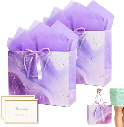 Dailygoods- Cadeauzakjes Luxe Marmer Design - 2 Paarse Zakjes - Wenskaarten - Tissuepapier - 25x20x12 cm - Chique Verpakking - Cadeauverpakking