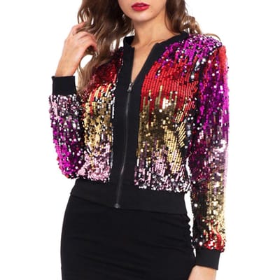 Dames pailletten jassen sprankelende bomberjacks Vneck lange mouw rits glitter clubwear mode jas Small veelkleurig