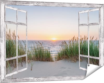Gards Tuinposter Doorkijk Zee vanuit Duinen met Zonsondergang - 120x80 cm - Tuindoek - Tuindecoratie - Wanddecoratie buiten - Tuinschilderij