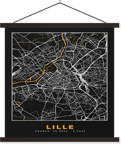 Posterhanger incl. Poster 60x60 cm - Schoolplaat - Lille - Plattegrond – Stadskaart – Frankrijk - Kaart - Textielposter - Zwarte latten - Stadskaart