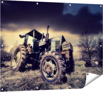 Gards Tuinposter Oude Tractor op het Grasveld - Trekker - 120x90 cm - Tuindoek - Tuindecoratie - Wanddecoratie buiten - Tuinschilderij