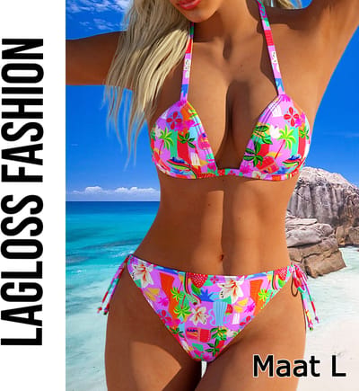 LaGloss® 2-delige Vibrante Roze Bloemenprint Bikini Set – Verstelbare Bandjes & Hoge Stretch – Maat L