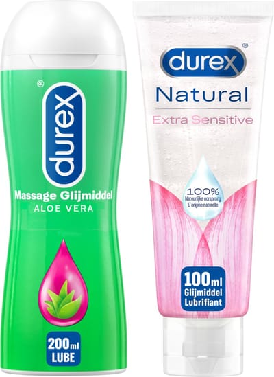 Durex - 2 Glijmiddelen - Voor Comfort En Genot - Waterbasis - Natural Extra Sensitive 100% natuurlijk 100ml - Massage olie en Glijmiddel Aloe Vera 2/1 200ml - Voordeelverpakking