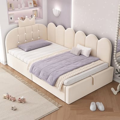 DESMIU L-vormig Bed 90x190cm Met Opbergruimte Onder Het Bed En Hydraulische Functie Voor Kinderkamer Of Logeerkamer Van Fluweel Zonder Matras Beige