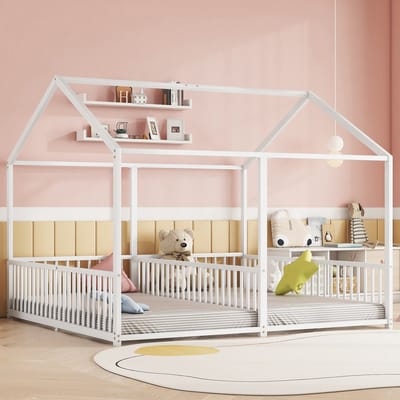 OKWISH Kinderbedden 90x200 cm - Eenpersoonsbed Met Rausfallschutz En Huisontwerp - Duurzaam Metaal - Wit