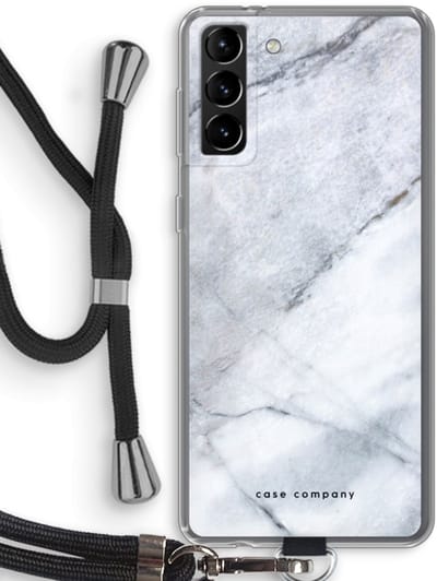 Hoesje met koord geschikt voor Samsung Galaxy S21 Plus hoesje met Koord - Witte marmer - Telefoonhoesje met Zwart Koord - Bescherming aan alle Kanten en Over de Schermrand