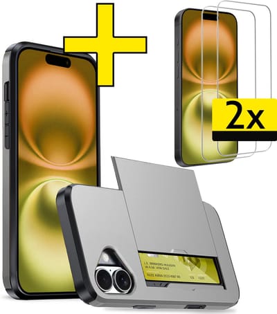 Hoesje Geschikt voor iPhone 16 Hoesje Case Pashouder Hard Cover Met 2x Screenprotector - Hoes Geschikt voor iPhone 16 Hoesje Met Kaarthouder - Grijs