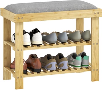 Homcom Schoenenbank-Bamboe, polyester-60 x 29 x 49 cm-Grijs + natuurhout