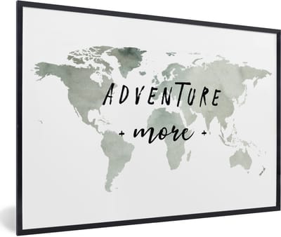 Poster in lijst - Fotolijst 90x60 cm - Posters - Wereldkaart - Adventure more - Waterverf - Posterlijst zwart - Decoratie - Wanddecoratie woonkamer - Muurdecoratie slaapkamer