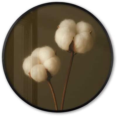 Poster in lijst Rond - Fotolijst 60x60 cm - Posters - Takken - Katoen - Wit - Bollen - Ronde posterlijst zwart - Decoratie - Wanddecoratie woonkamer - Muurdecoratie slaapkamer