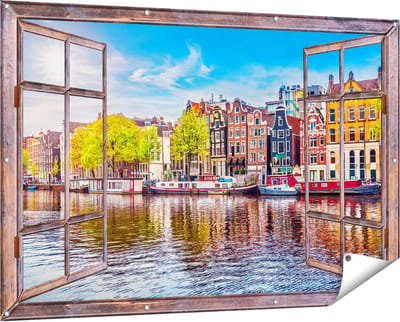 Gards Tuinposter Doorkijk Amsterdamse Huisjes aan het Water - 150x100 cm - Tuindoek - Tuindecoratie - Wanddecoratie buiten - Tuinschilderij