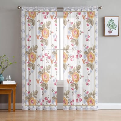 Bloem Blad Lijn Handgetekend Transparant Gordijn Voor Slaapkamer Tule Voile Gordijn Voor Keuken Woonkamer Decoratie Raambekleding 135W x 114H(cm) white