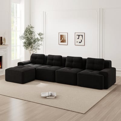 Wishdor - Modulaire 4-Zits Bank Zonder Frame - Diepe Zitting En Antislip Onderzijde - Minimalistisch Ontwerp Voor De Woonkamer - Ribstof - Zwart