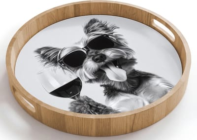 Dienblad rond 40x40 cm - Schootdienblad hout - Hondje - Wijnglas - Zonnebril - Enthousiast - Borrelplank rechthoek - Plateau houten dienbladen
