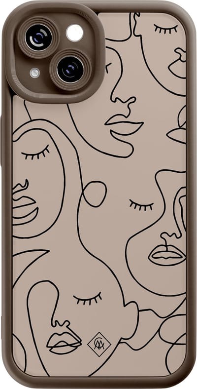 Casimoda® hoesje - Geschikt voor iPhone 15 - Abstract Faces - Effen telefoonhoesje met lensbescherming - Siliconen/TPU - Backcover - Bruin/beige