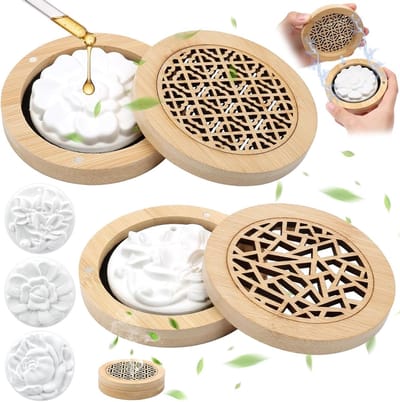 Set van 3 Geurstenen voor Essentiële Olie met 2 Houten Rookdozen - Compacte Diffuser voor Slaapkamer, Badkamer, Kantoor en Auto met Aangename Geuren