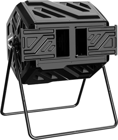 Compostbak Dubbele Kamer - Buitencomposteerder Tuin - Snel Compost Maken - 360 Graden Tuimelen - 43 Gallon - Zwart