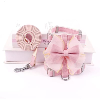 Prinsessen Hond Kat Tuigje En Lijn Set Kant Strik Huisdier Tuigje Vest Kattenaccessoires Verstelbare Duurzame Puppy Halsband voor Wandelen M roze