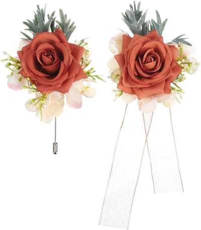 Corsage set - Pols en knoopsgat - Feestelijke decoratie - Realistische bloemvorm - 12 x 7 cm - Donkeroranje
