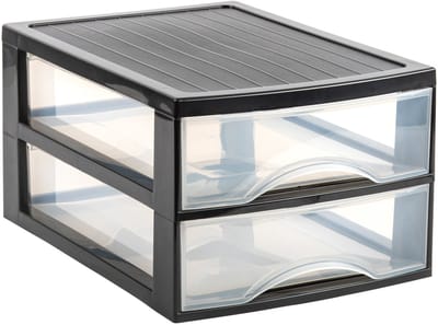 Plasticforte Ladekastje bureau organizer - 2 lades - zwart/transparant - L26 x B35 x H19 cm - kunststof