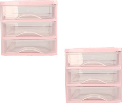 Plasticforte ladeblokje - bureau organizer - 2x - met 3 lades - transparant/roze - L18 x B21 x H17 cm - kunststof