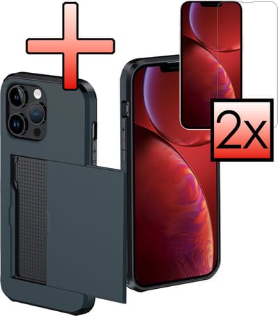 Hoes Geschikt voor iPhone 14 Pro Hoesje Pasjeshouder Hard Cover Met 2x Screenprotector Shock Proof Hard Case Hoes Met Kaarthouder - Donkerblauw