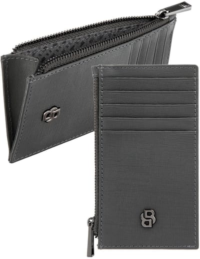 HUGO BOSS Leren kaarthouder Double B Cardholder With Zip Saffiano Grey donkergrijs