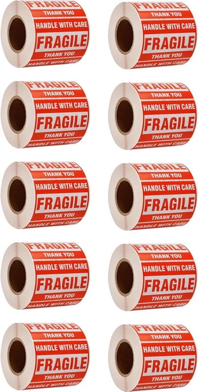 Waarschuwing breekbare tape 3" x 2" - 2 rollen met 500 zorgstickers per rol voor veilig transport en verpakking
