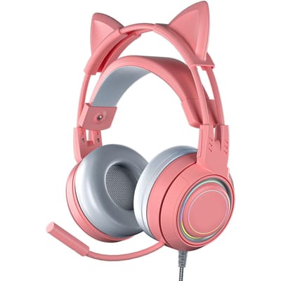 Casque Oreilles de Chat avec Micro à Réduction de Bruit pour Filles Oreillettes Entières Casque Gaming Filaire Over-Ear pour PC Pinkish