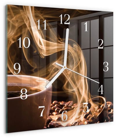 Tulup Wandklok - Kopje koffie Wandklok Glas Decoratie - 30x30 cm - Bruin Gekleurde Glazen Klok - Witte Handen - Vierkante Wandklok - Glazen Klok Met Print - Wandklok Glas Met Motief