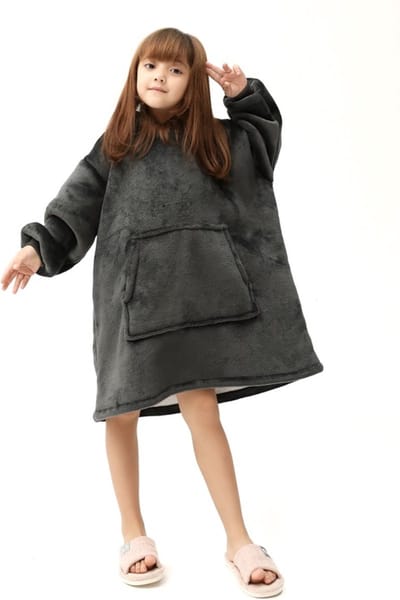 Hoodie Deken Extra LANG – Hoge Kwaliteit Sherpa Fleece – West - 75 cm – Kinderen Donkergrijs
