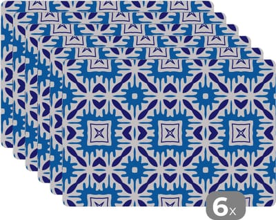 Placemat - Placemats kunststof - Vector - Blauw - Tegels - Patronen - 45x30 cm - 6 stuks - Hittebestendig - Anti-Slip - Onderlegger - Afneembaar