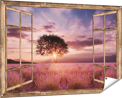 Gards Tuinposter Doorkijk Bloemenveld met Lavendel bij Zonsondergang - 150x100 cm - Tuindoek - Tuindecoratie - Wanddecoratie buiten - Tuinschilderij