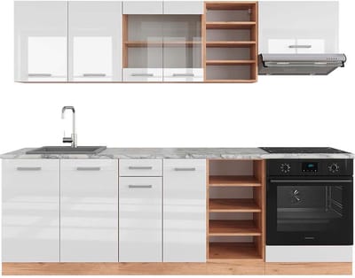 Vicco R-Line Complete keukeneenheid – 240 cm, WB Marmer Wit hoogglans/goud power eiken