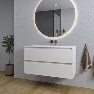 Adema Chaci Badkamermeubelset - 100x46x57cm - 1 keramische wasbak wit - zonder kraangaten - 2 lades - ronde spiegel met verlichting - mat wit