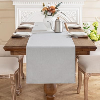 Tafelloper - Linnen-look van polyester, afwasbaar, waterafstotend met lotuseffect en krasbestendig - Voor de eettafel - Lichtgrijs 40x140 cm